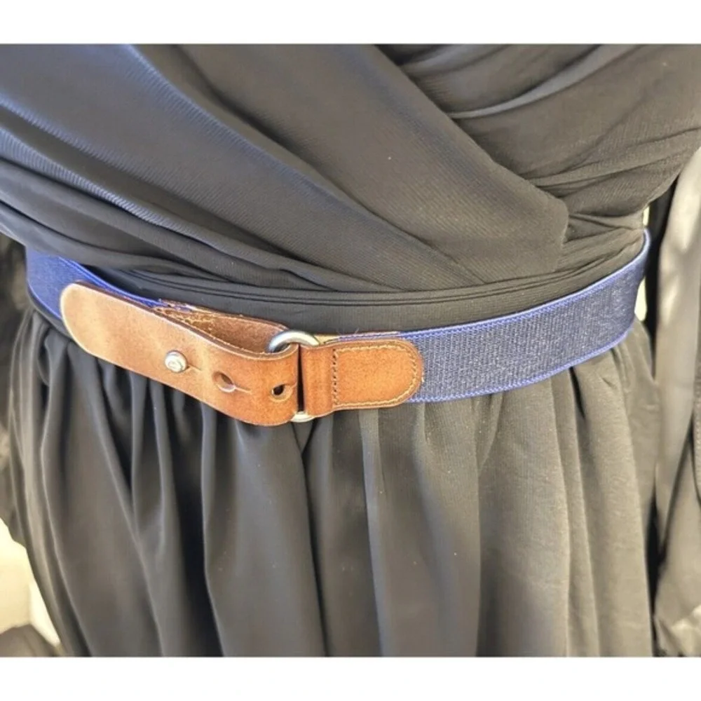 Navy Blue‎ Elastic Stretch Belt Brown Leather Tab Stud Closure Silver Ring 47-08
